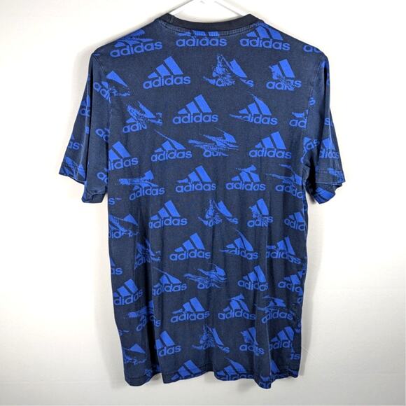 Adidas Men’s M Allover Logo T-Shirt Blue Black Graphic Short Sleeve Cotton Tee - Picture 5 of 5